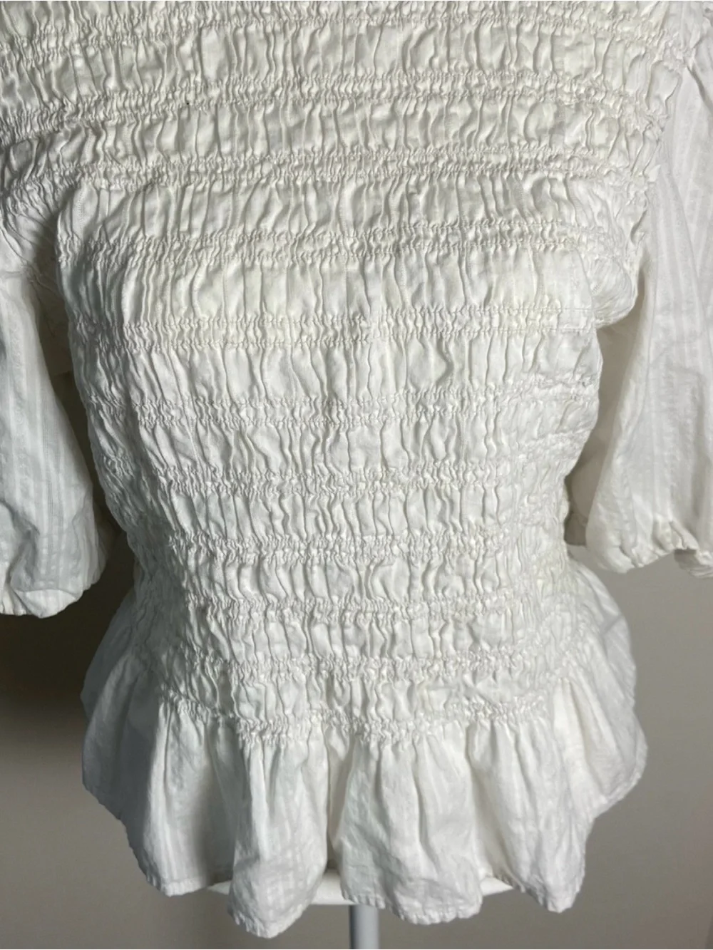 OLD NAVY White Smocked Peplum Blouse with Puff Sleeves